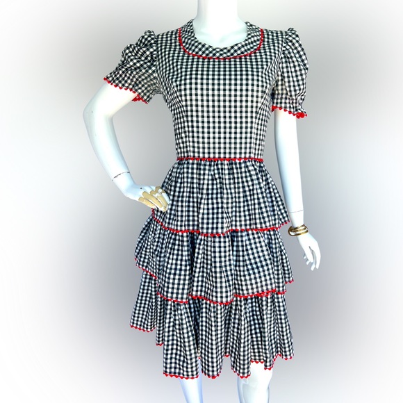 Vintage Dresses & Skirts - VTG Tier Skirted Black And White Gingham Dress